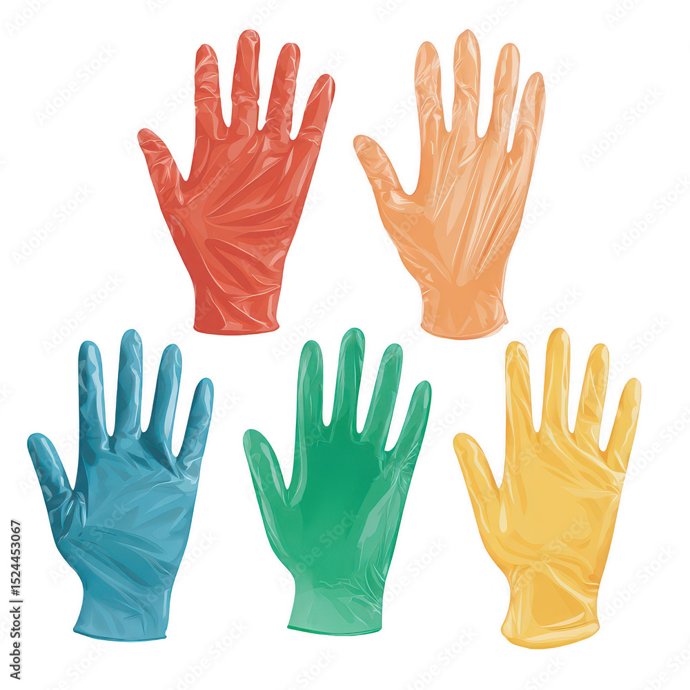 Obraz premium Colorful Disposable Gloves in Various Shades for Household and Professional Use in Cooking, Cleaning, and Medical Settings