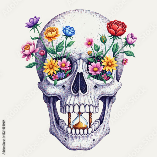 Stylized skull with flowers sprouting from the eyes and an hourglass inside the jaw. Surrealist aesthetic with a strong pointillism composition.

