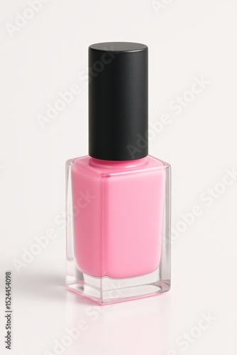 Pink nail polish bottle with black cap on white background