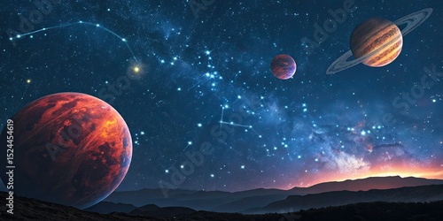 Explore the universe planets and constellations in night sky cosmic wallpaper background space adventure art