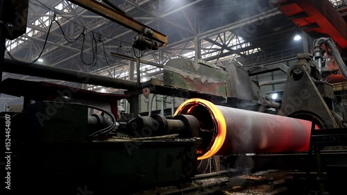 Iron pipe centrifugal pipe casting process, new red hot freshly cast iron pipe at the foundry.