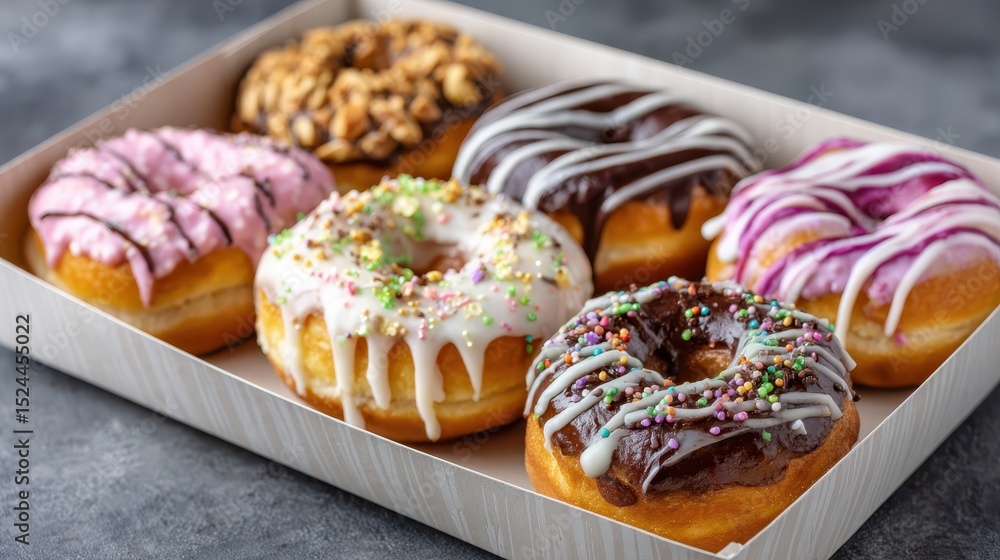 A stunning array of six beautifully decorated donuts, featuring vibrant colors and unique toppings, all perfectly arranged in a chic and modern baking pan. A stunning array of six beautifully decorated donuts, featuring vibrant colors and unique toppings, all perfectly arranged in a chic and modern baking pan.