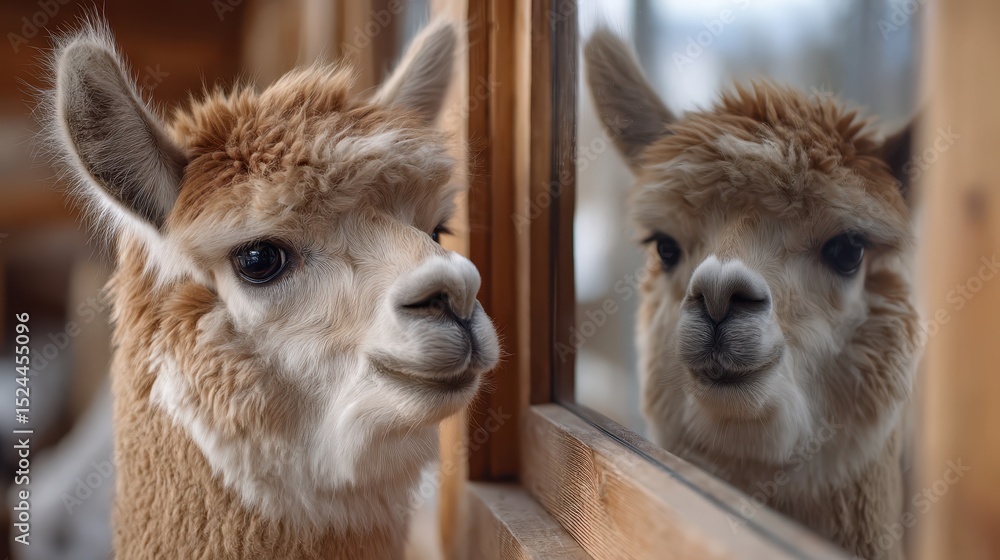 Obraz premium An adorable alpaca gazes at its reflection in a wooden window, portraying a moment of self-awareness and curiosity in a warm, inviting domestic environment.