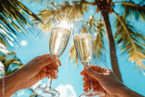 Two people clinking champagne glasses under bright palm trees on a sunny day. Captures vacation luxury, tropical celebration, and joyful summer moments.