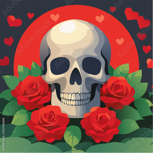 Stylized Skull with Red Roses Illustration