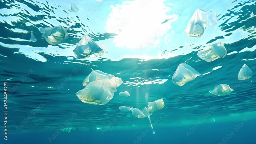 Underwater view of plastic bag floating in clear ocean water with ...