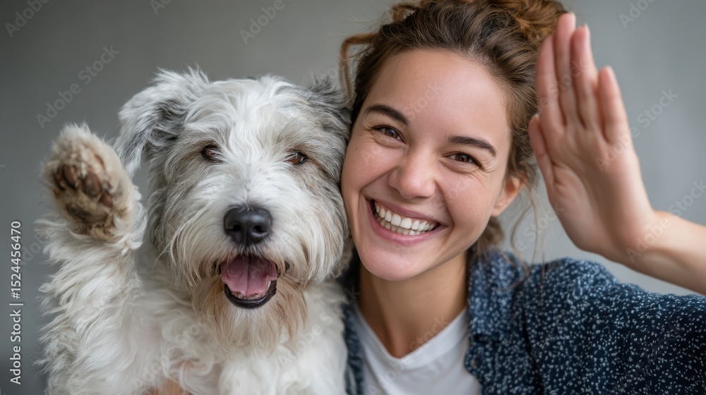 A smiling woman embraces her joyful dog, depicting the warmth and happiness found in the loving relationship between pets and their beloved humans in a cozy setting. A smiling woman embraces her joyful dog, depicting the warmth and happiness found in the loving relationship between pets and their beloved humans in a cozy setting.