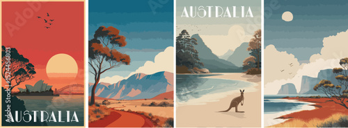 Australia vintage style travel poster set. Collection of scenic art deco retro tourism illustrations