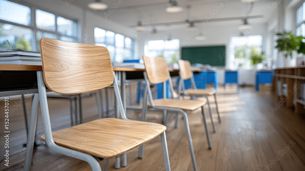 A bright and airy classroom featuring wooden chairs and desks, perfect for creating an inviting learning space for students and teachers alike. A bright and airy classroom featuring wooden chairs and desks, perfect for creating an inviting learning space for students and teachers alike.