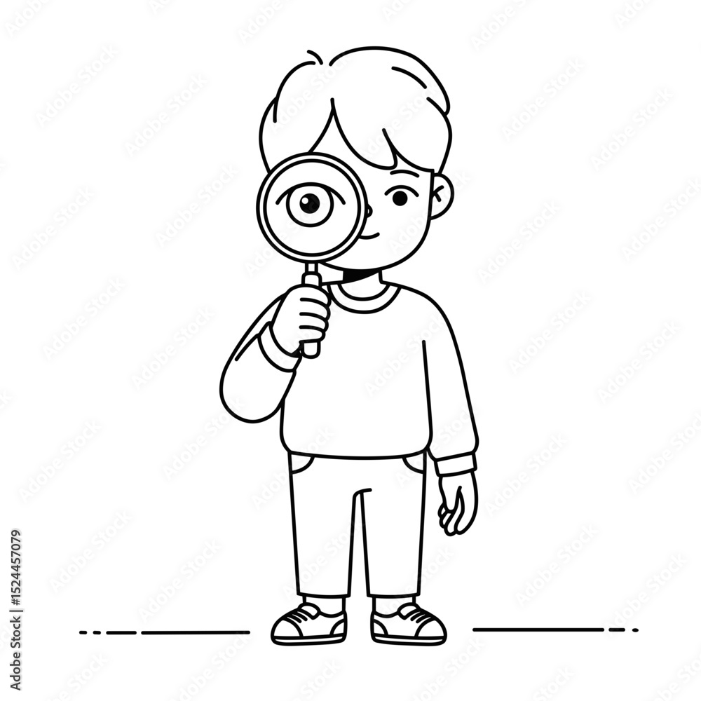 Obraz premium curious boy holding magnifying glass and looking through it with a smile