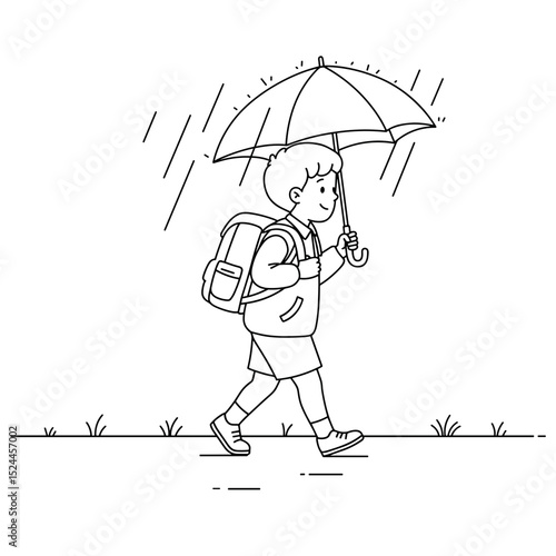 schoolboy walking with umbrella in the rain while carrying backpack