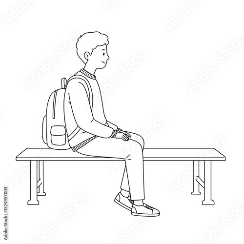 schoolboy sitting on bench with backpack and looking content

