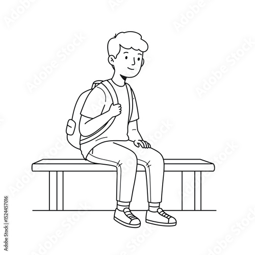 schoolboy sitting on bench with backpack and smiling happily
