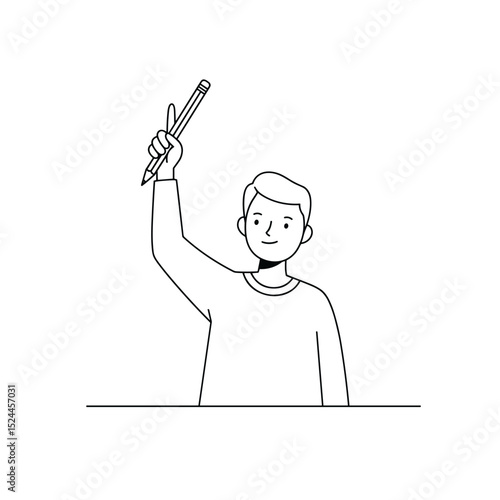 schoolboy raising pencil in hand while participating in classroom discussion