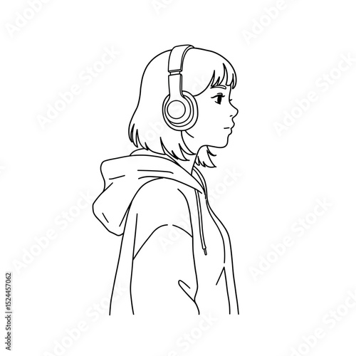 schoolgirl wearing headphones listening to music with a relaxed expression