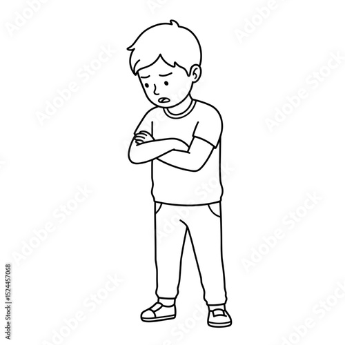 schoolboy looking sad with crossed arms standing alone