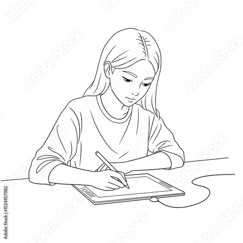 schoolgirl drawing on tablet with pencil while focusing on her artwork