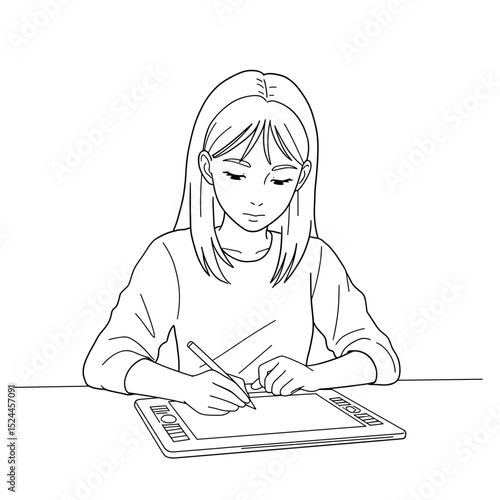 girl drawing on tablet with pencil while concentrating on artwork