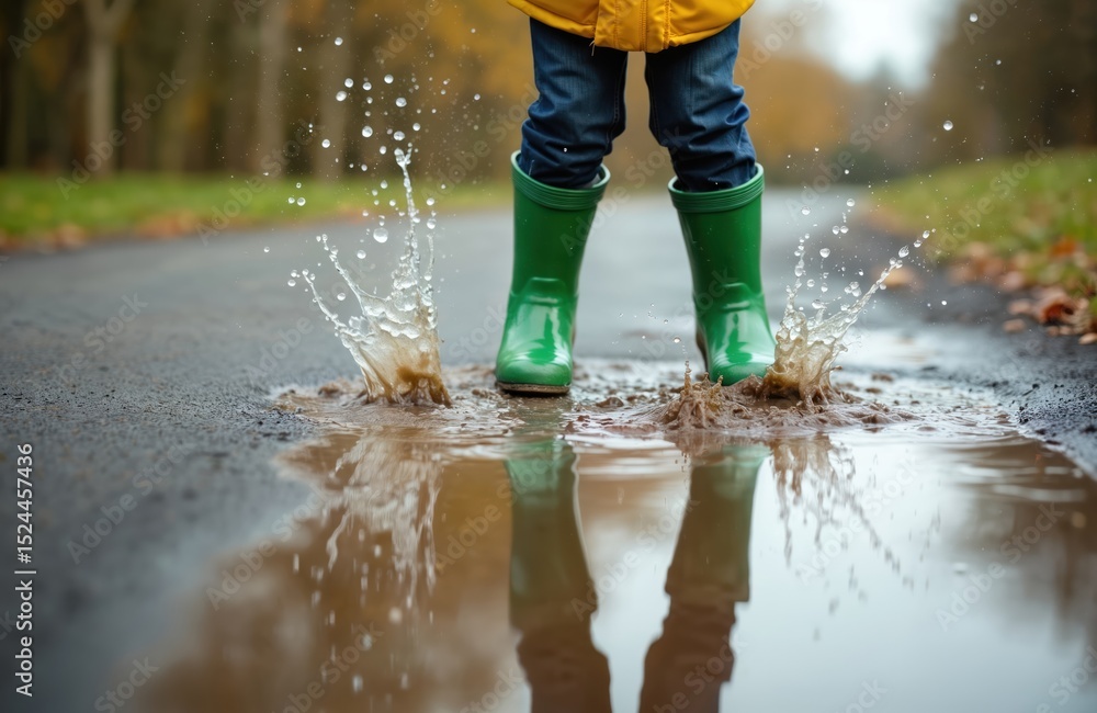 Child in green rubber boots jumps in puddle creating splash. Rain water droplets fly. Happy kid playing outdoors on a rainy day. Childhood joy. Autumn weather. Child in green rubber boots jumps in puddle creating splash. Rain water droplets fly. Happy kid playing outdoors on a rainy day. Childhood joy. Autumn weather.