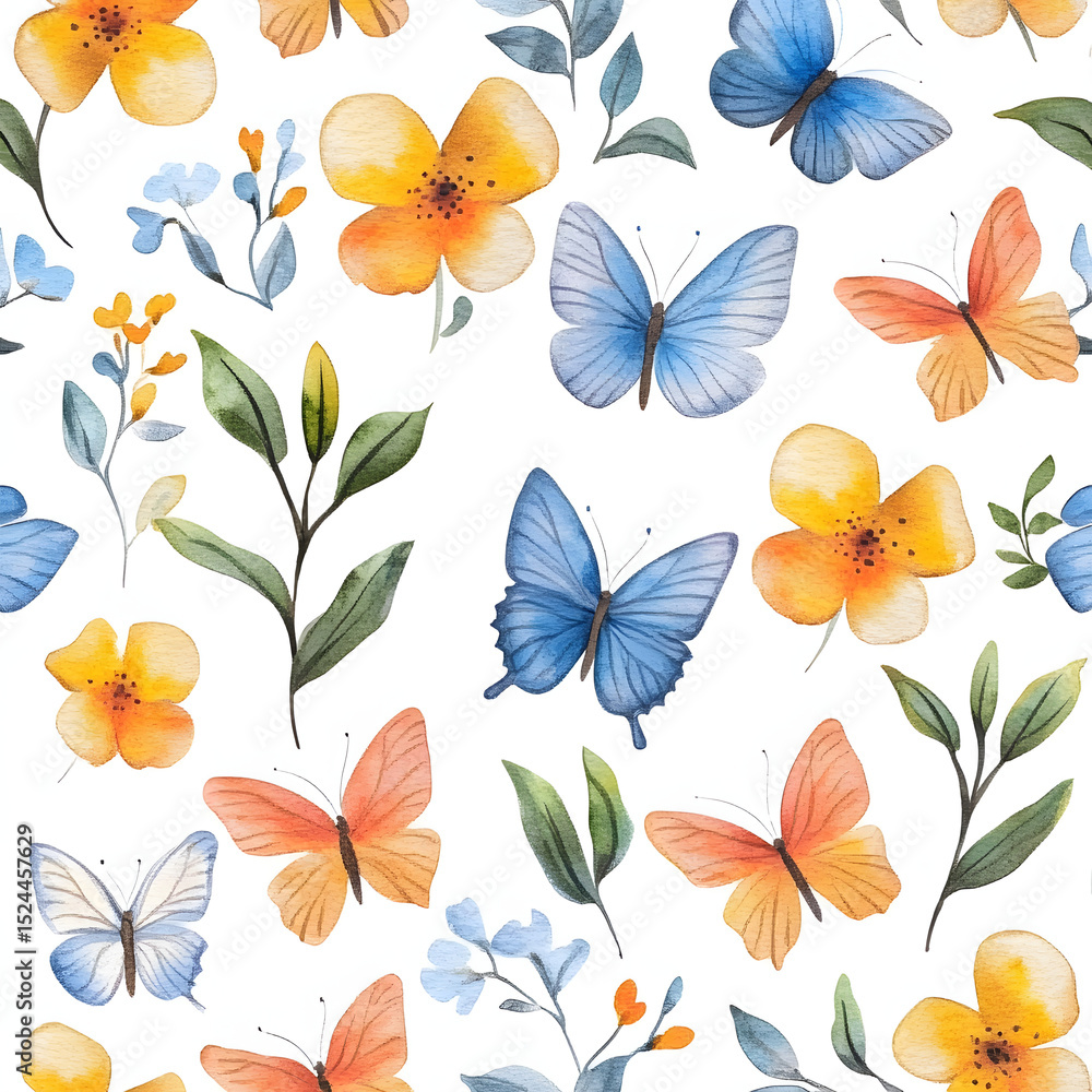 Fototapeta premium Pattern: Aquarell-Schmetterlinge und Blumen
