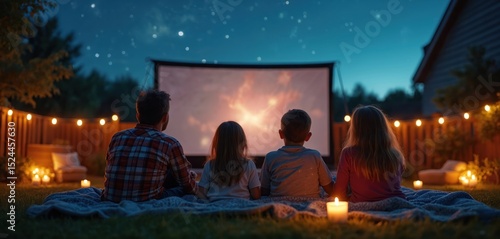 Fototapeta Naklejka Na Ścianę i Meble -  Family enjoys backyard movie night on a blanket under stars. Watching a movie on a big screen with popcorn and lights. National Movie Night August 18th celebration. Entertainment fun event.