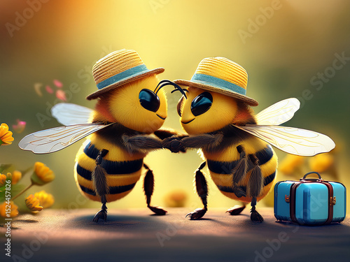 Two cute anthropomorphic bees wearing straw hats holding hands, with a blue suitcase in the background. Romantic insect couple on vacation or honeymoon concept, warm golden bokeh background