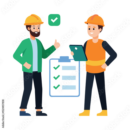 Construction workers reviewing checklist on tablet