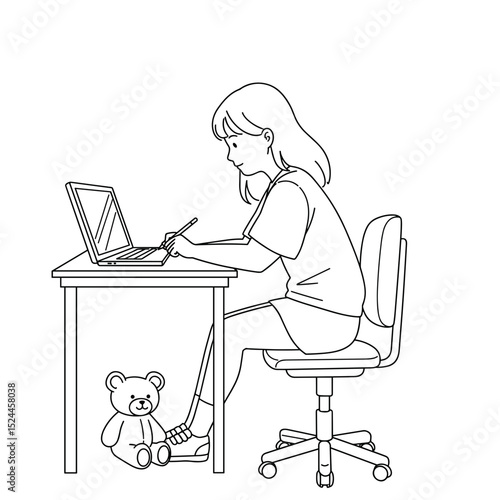 Focused schoolgirl using a laptop while studying with a teddy bear nearby
