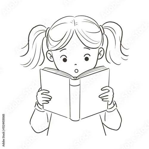Surprised young girl reading a book with a look of wonder