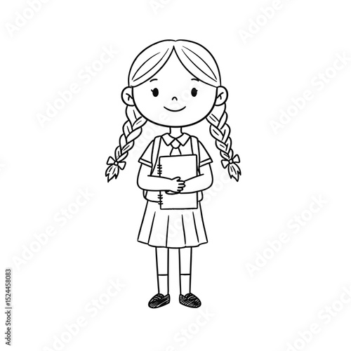 Cheerful schoolgirl with braids holding notebooks and smiling