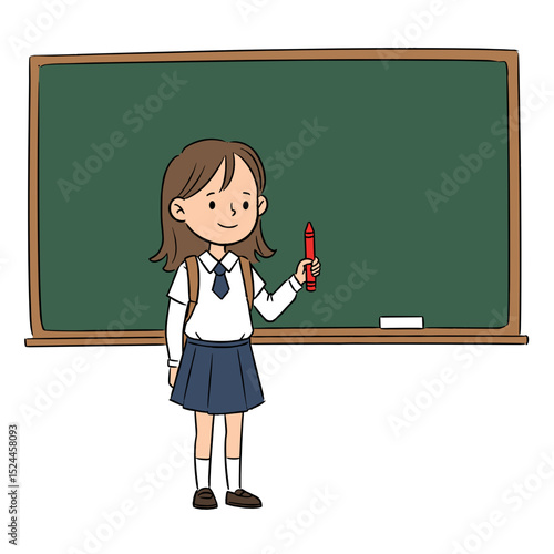 Cheerful schoolgirl presenting at the chalkboard with a marker in her hand