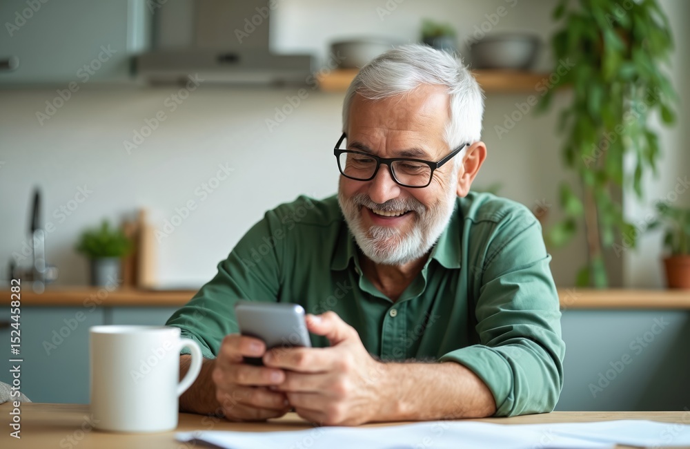 Smiling senior man uses mobile phone at kitchen table. Happy elderly person holding smartphone, scrolling news, buying online. Mature customer enjoying mobile app technology at home. Smiling senior man uses mobile phone at kitchen table. Happy elderly person holding smartphone, scrolling news, buying online. Mature customer enjoying mobile app technology at home.