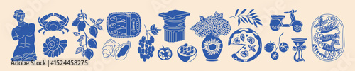 Italy summer set. Hand-drawn food and travel icons. Lemon, wine, fish, statue. Mediterranean coast. Simple vector style.