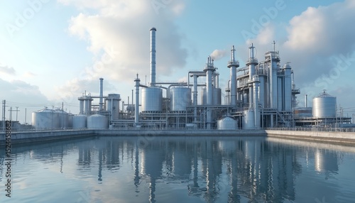 Fototapeta Naklejka Na Ścianę i Meble -  3D rendering of industrial oil production facility, water treatment plant under daylight. Metallic constructions reflected in water. Industry process, infrastructure, modern technology, environmental