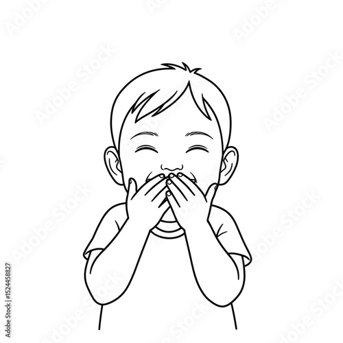 Joyful toddler covering his mouth while giggling with happiness