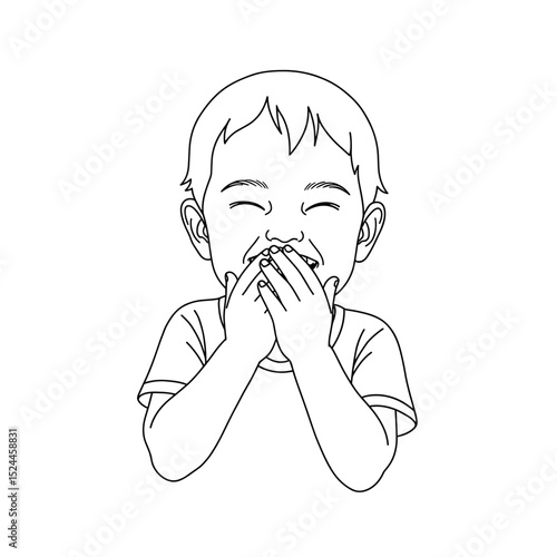 Happy preschool boy covering his mouth while laughing joyfully