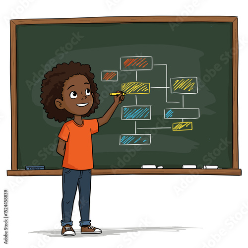 Cheerful schoolboy explaining chart on chalkboard during class