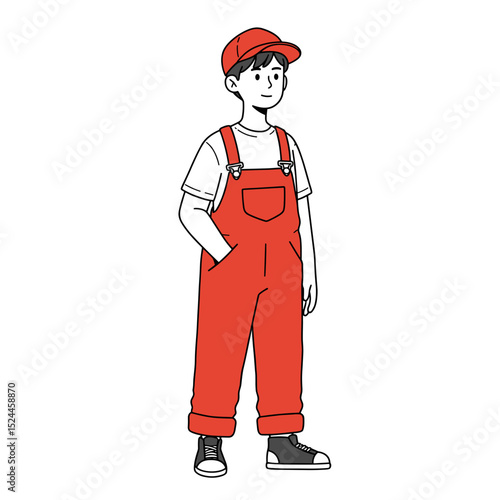 Stylish schoolboy in red overalls and cap standing confidently with hands in pockets