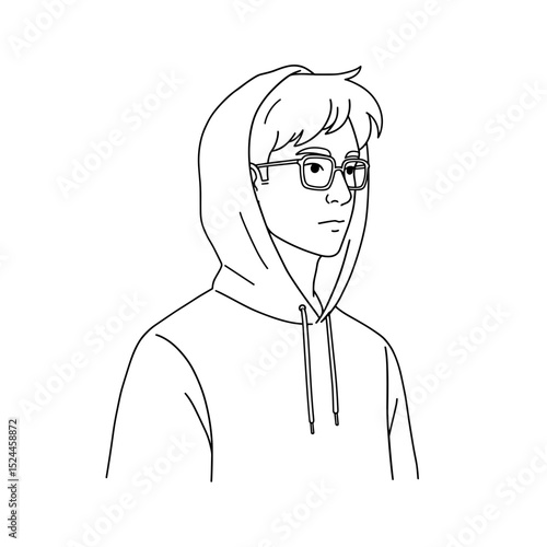 Cool schoolboy in hoodie and glasses looking sideways with a thoughtful expression