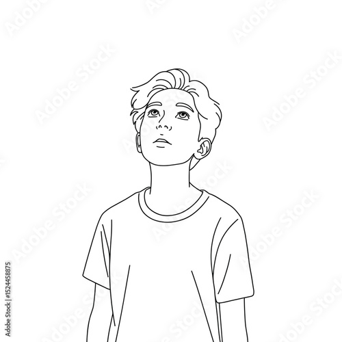 Thoughtful schoolboy looking up with curiosity and imagination
