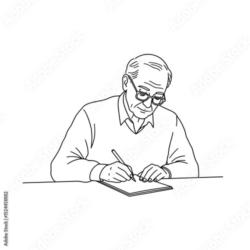 Thoughtful elderly man writing notes with concentration at the table