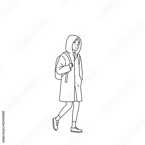 Cool schoolboy wearing a hooded coat and backpack, walking casually
