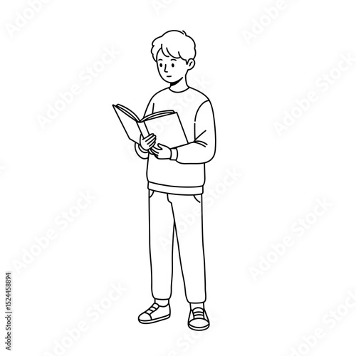 Thoughtful schoolboy reading book with curiosity and engagement