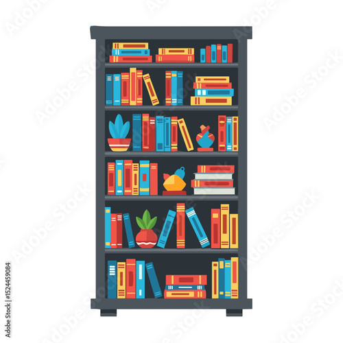 Colorful bookshelf filled with assorted books and decorative plants  