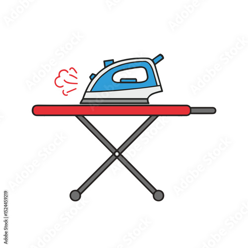 Steam iron on ironing board with red cover producing steam  