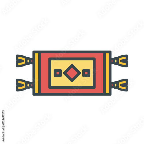 Colorful geometric patterned carpet with tassels on the sides  