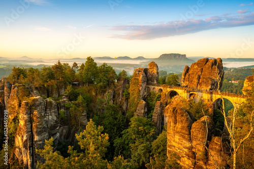 Capturing the breathtaking views of Bastei rock formations at sunrise in Saxon Switzerland