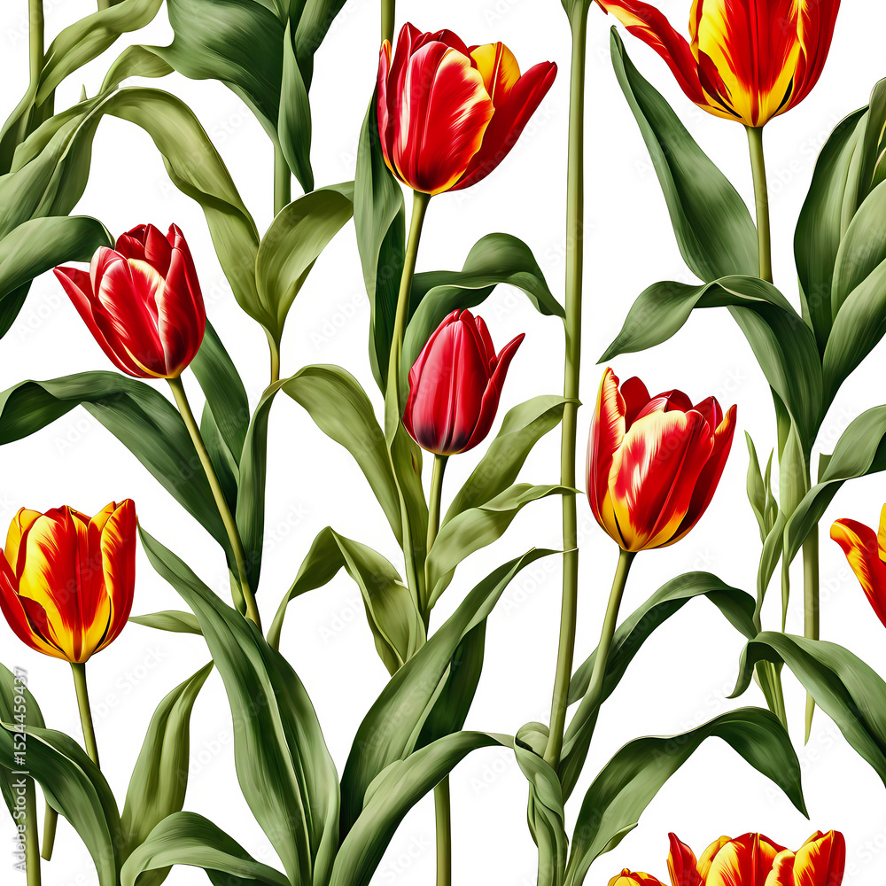 Obraz premium Vintage style tulips with stem and leaves, floral pattern wallpaper, graphic design illustration wallpaper 