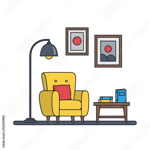 Cozy living room with yellow armchair and modern decor elements  