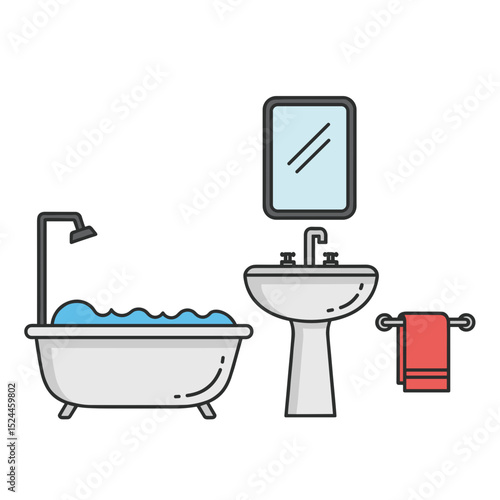 Modern bathroom with bathtub, sink, and towel in minimalist style  